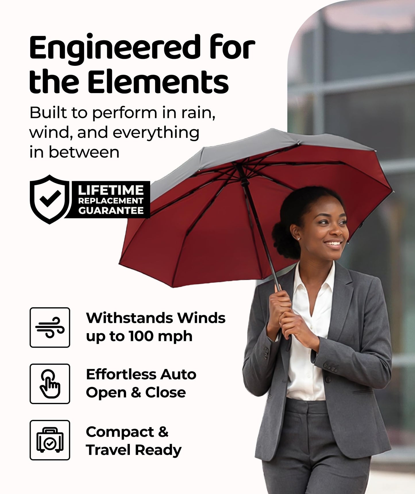 Windproof Travel Umbrella - Compact & Withstands Winds up to 100MPH, Strongest Premium Auto Folding Umbrella for Rain and Sun - Durable, Light & Portable for Women & Men, Fits Backpack & Cars