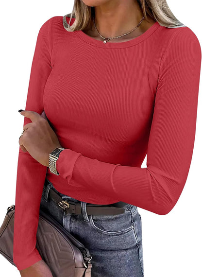 ANRABESS Women Long Sleeve Shirts Ribbed Fitted Tops