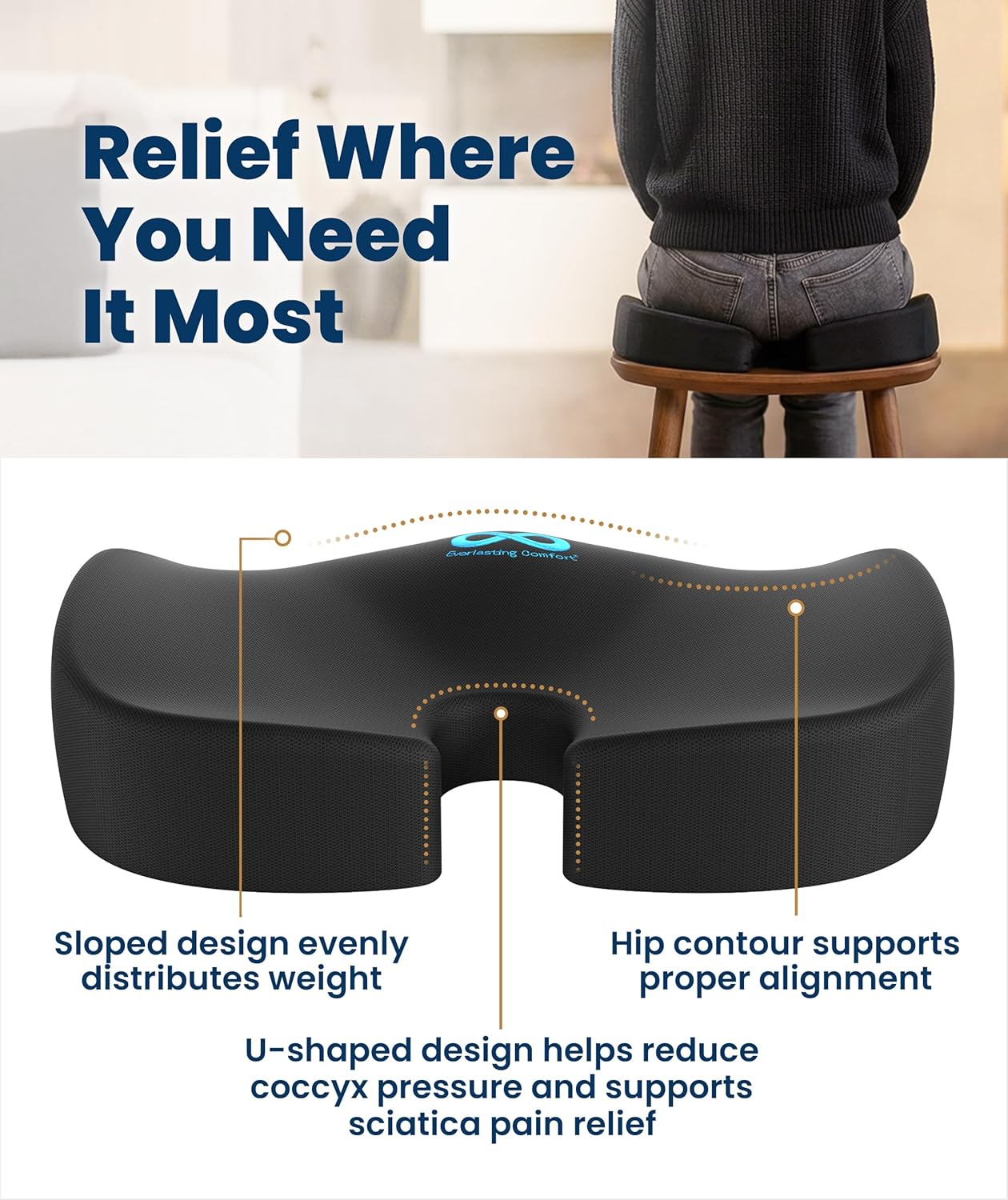 Everlasting Comfort Doctor Recommended Memory Foam Seat Cushion for Office Chairs & Car - Ergonomic Office Desk Accessories - Cushions for Tailbone Pain Relief, Sciatica (Black, Large)