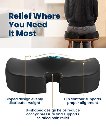 Everlasting Comfort Doctor Recommended Memory Foam Seat Cushion for Office Chairs & Car - Ergonomic Office Desk Accessories - Cushions for Tailbone Pain Relief, Sciatica (Black, Large)