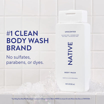 Native Clean Body Wash, Gentle & pH-balanced for Sensitive Skin, 24-Hr Freshness for Women & Men, Vegan & Cruelty-Free, Free of Sulfates, Parabens & Phthalates, Cashmere & Rain, 18 fl oz