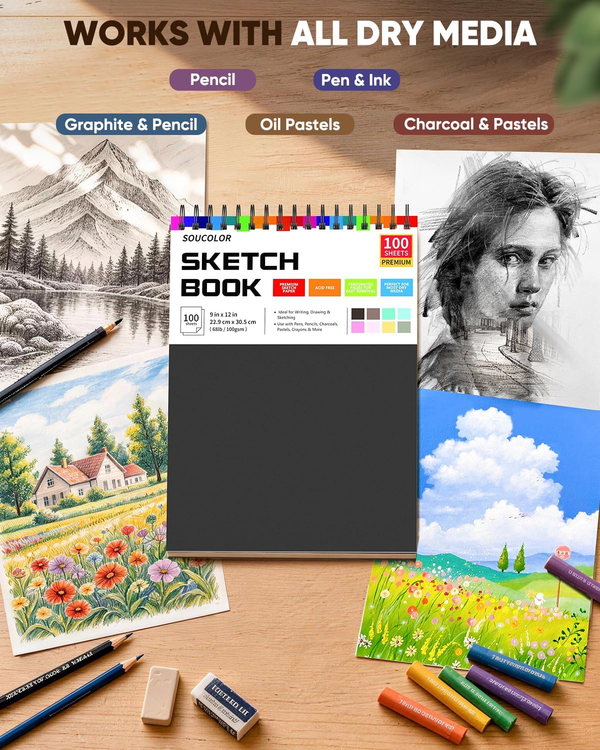 Soucolor Sketch Book 9" x 12", 100 Sheets Kids Art Sketchbook Drawing Pad