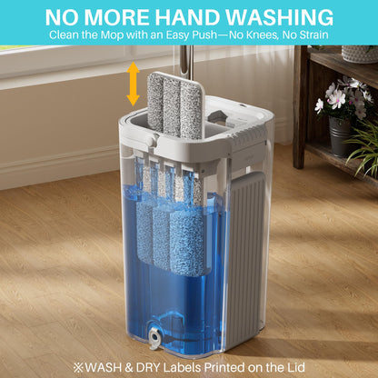 JOYMOOP Wall Mop and Bucket Set, Hands-Free Flat Floor Mop with 3 Washable Microfiber Pads, Wet and Dry Use, Ideal for Home and Commercial Floor Cleaning