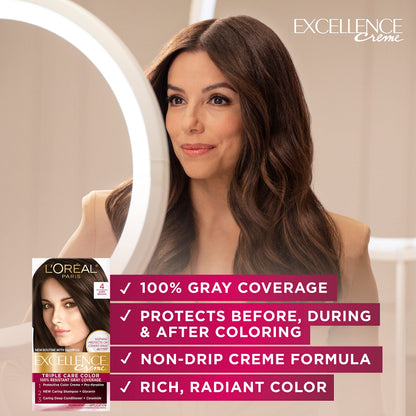 L'Oreal Paris Excellence Crème Permanent Hair Dye, Triple Care Hair Color with Hyaluronic Acid for 100% Gray Coverage, 4 Dark Brown, 1 Kit (Packaging May Vary)