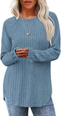 Saloogoe Long Sleeve Shirts for Women 2026 Fall Clothes Tunic Tops Loose Fit Dressy Crewneck Pullover Sweaters Curved Hem