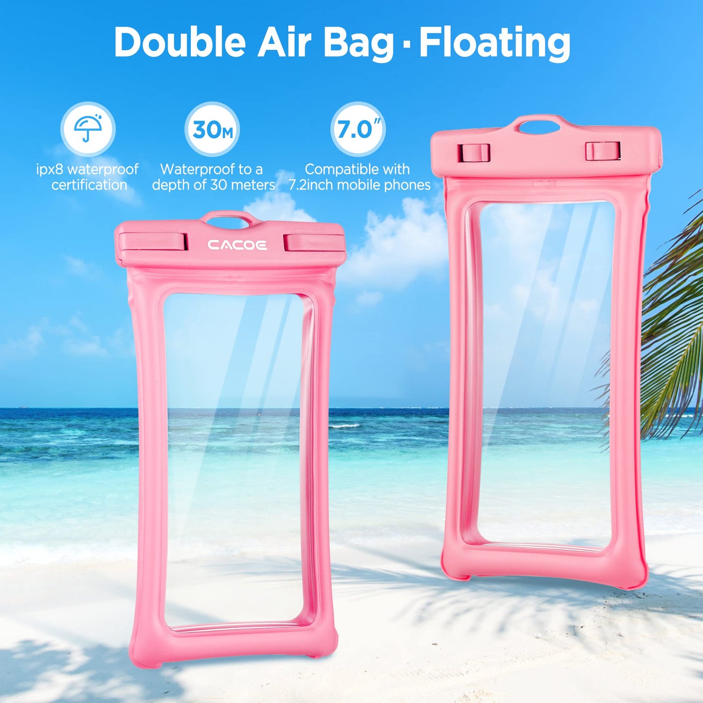 CACOE Floatable Waterproof Phone Pouch 2 Pack Up to 7.0",White+Blue