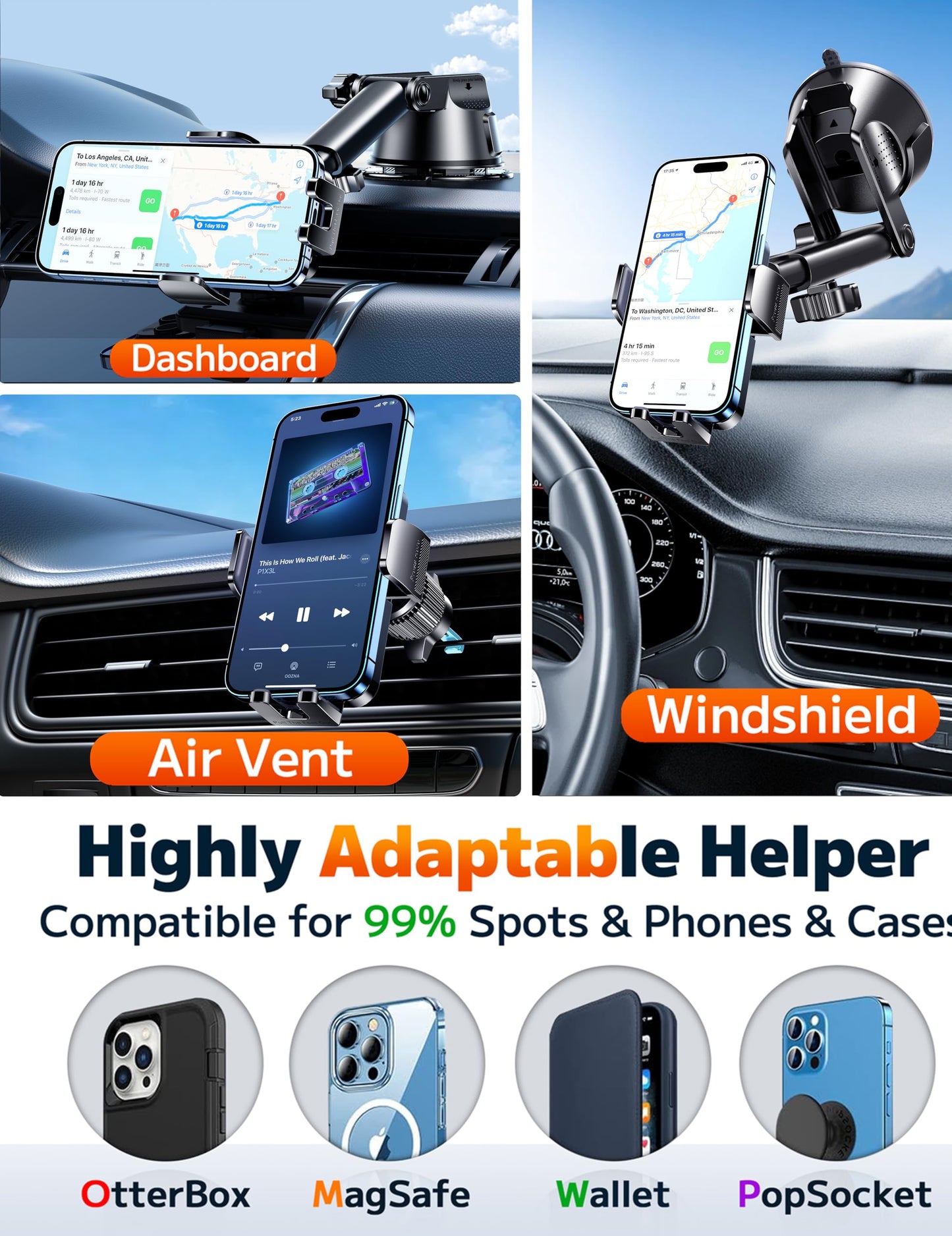Qifutan Dash Mounted Holders Phone Holders for Your Car Phone Mount for Car Dashboard Windshield Air Vent Universal Desk Mounts Hands Free Automobile Cell Phone Holder Fit for iPhone Smartphone