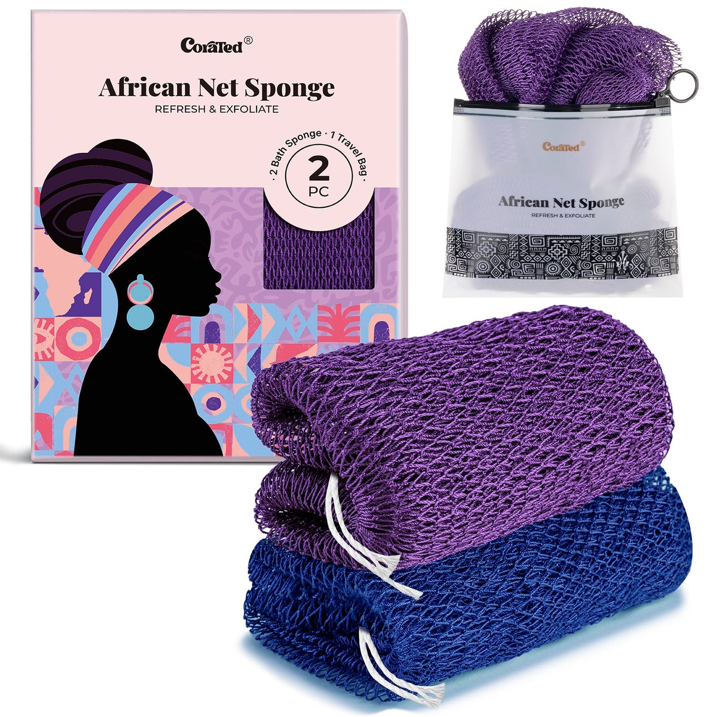 CORATED African Net Sponge with Knots Authentic, Shower Loofah Bath Sponge