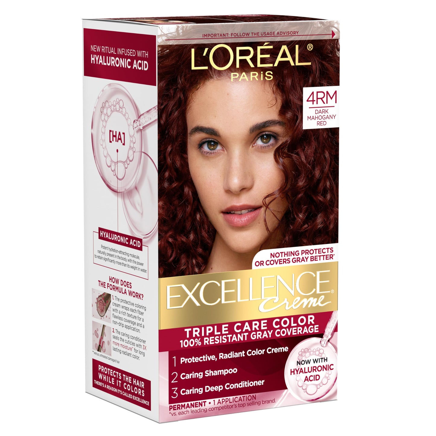 L'Oreal Paris Excellence Crème Permanent Hair Dye, Triple Care Hair Color with Hyaluronic Acid for 100% Gray Coverage, 4 Dark Brown, 1 Kit (Packaging May Vary)