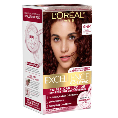 L'Oreal Paris Excellence Crème Permanent Hair Dye, Triple Care Hair Color with Hyaluronic Acid for 100% Gray Coverage, 4 Dark Brown, 1 Kit (Packaging May Vary)