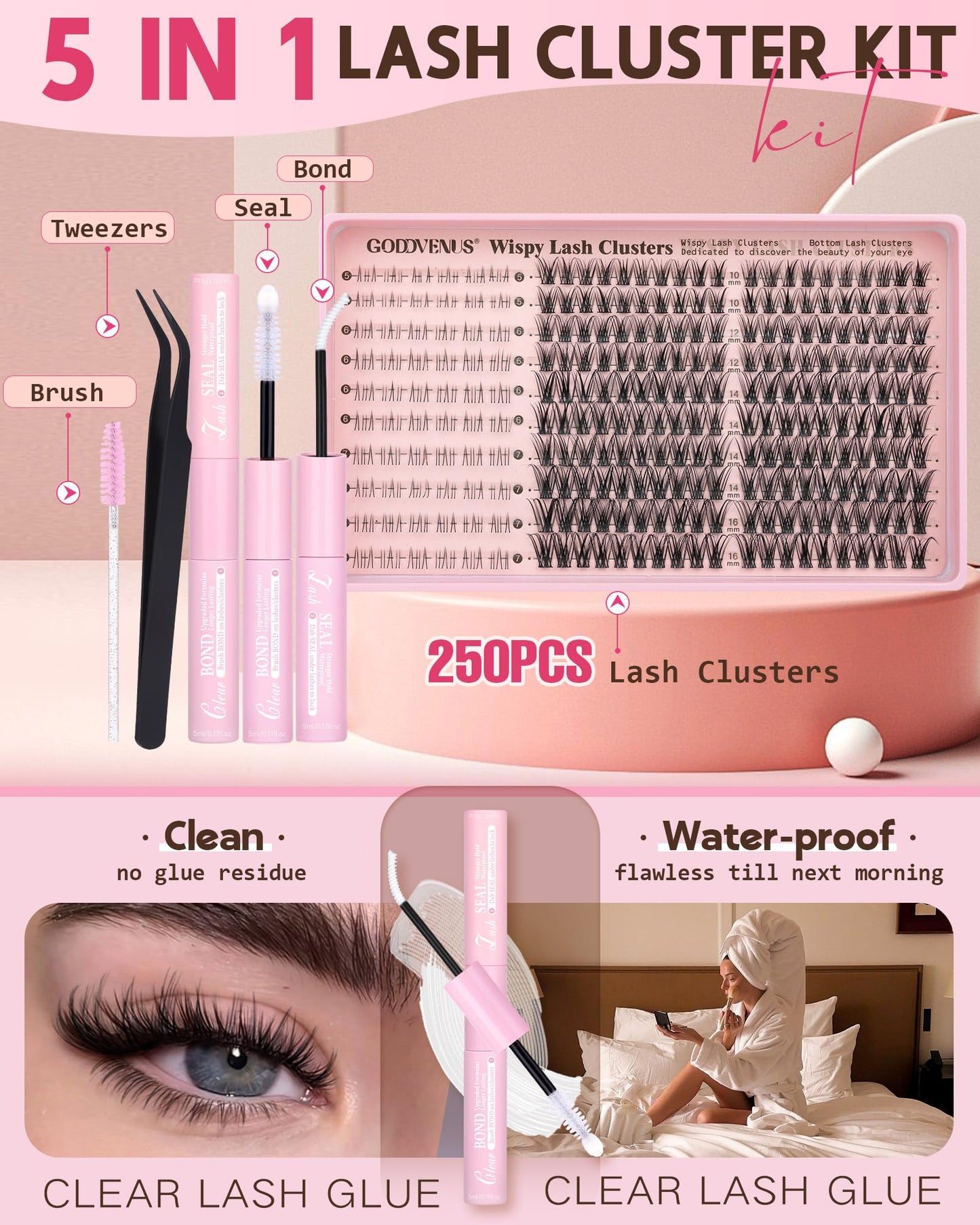 Goddvenus Brown Wispy Eye Lash Clusters Kit Natural Cluster Eyelash Extensions Kit False Eyelash Clusters Fluffy DIY Individual Lash Extensions Kit C Curl
