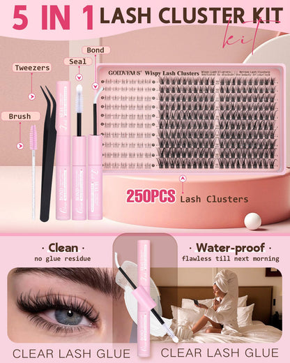 Goddvenus Brown Wispy Eye Lash Clusters Kit Natural Cluster Eyelash Extensions Kit False Eyelash Clusters Fluffy DIY Individual Lash Extensions Kit C Curl