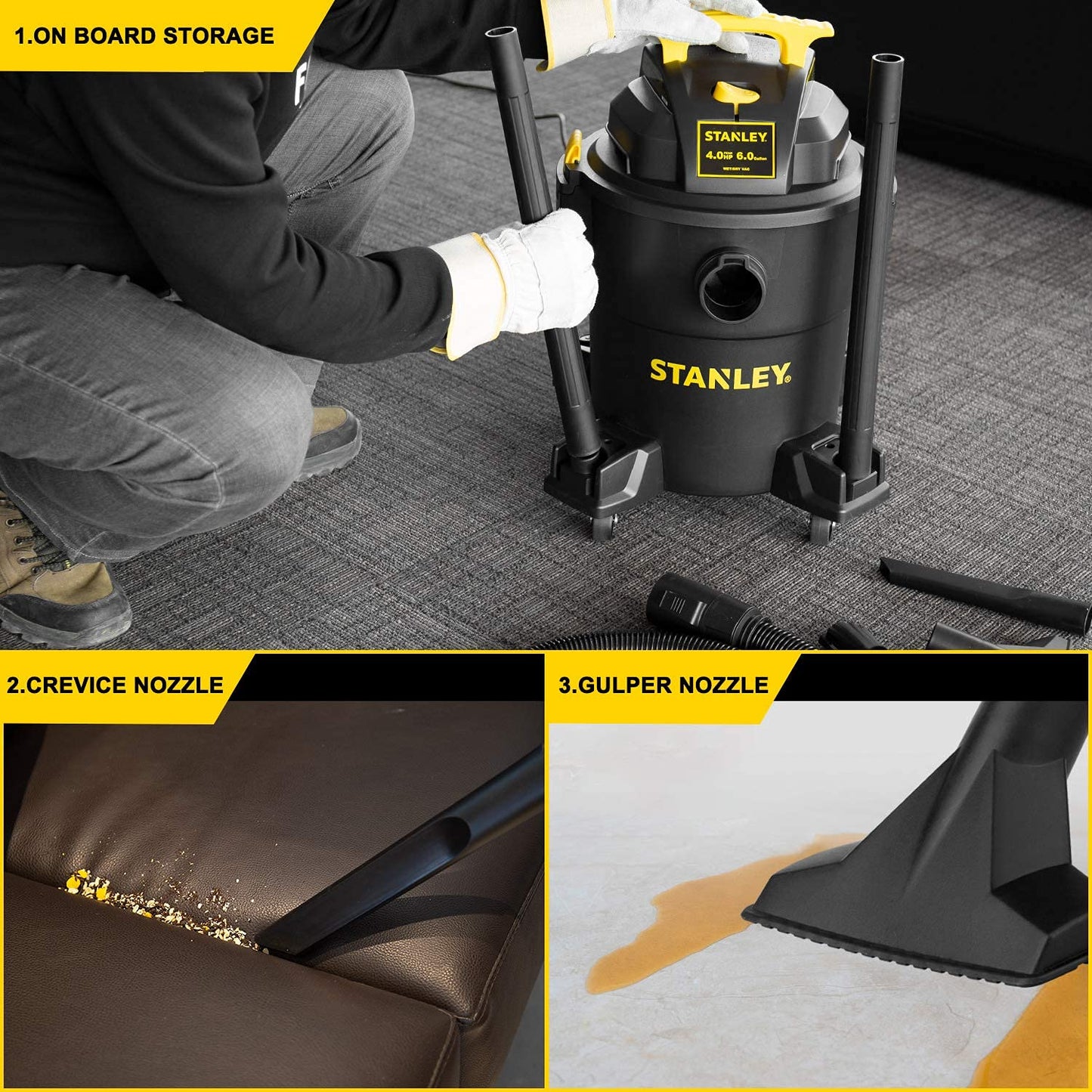 STANLEY Shop Vac SL18115P, 5 Gallon Peak 4 Horsepower Wet Dry Vacuums, Blower 3 in 1 Functions 15 Feet Cleaning Range for Garage, Carpet Clean, Shop Cleaning, Car Detailing with Attachments