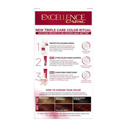 L'Oreal Paris Excellence Crème Permanent Hair Dye, Triple Care Hair Color with Hyaluronic Acid for 100% Gray Coverage, 4 Dark Brown, 1 Kit (Packaging May Vary)