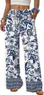 Sampeel Wide Leg Pants for Women Flowy Palazzo Drawstring Elastic Waist Trousers with Pockets Summer Beach Vacation Clothes