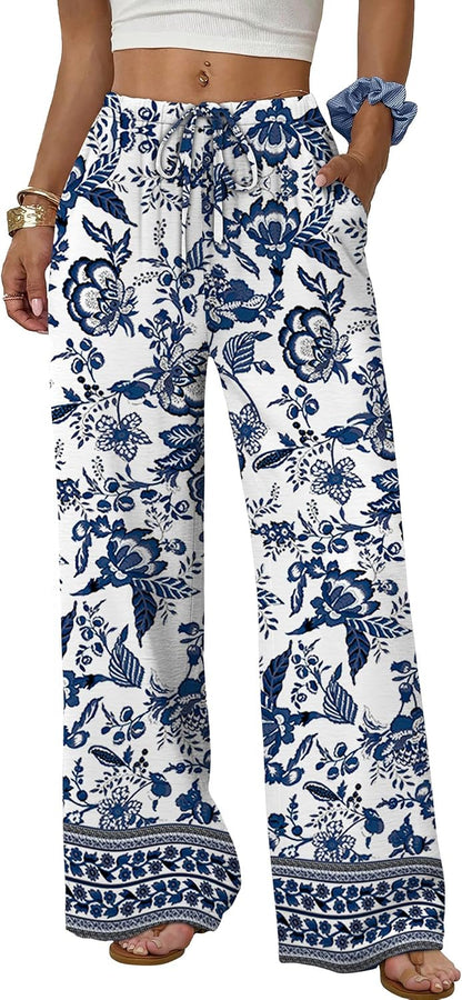 Sampeel Wide Leg Pants for Women Flowy Palazzo Drawstring Elastic Waist Trousers with Pockets Summer Beach Vacation Clothes