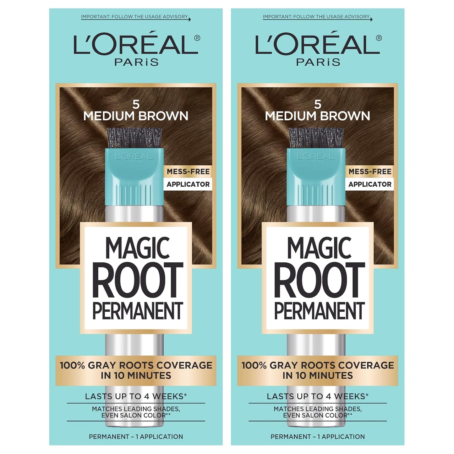 L'Oreal Paris Magic Root Permanent Hair Color Kit, 100% Gray Hair Coverage In Just 10 Minutes, Precision Brush Applicator for Seamless Application, 4 Dark Brown (2 Count)