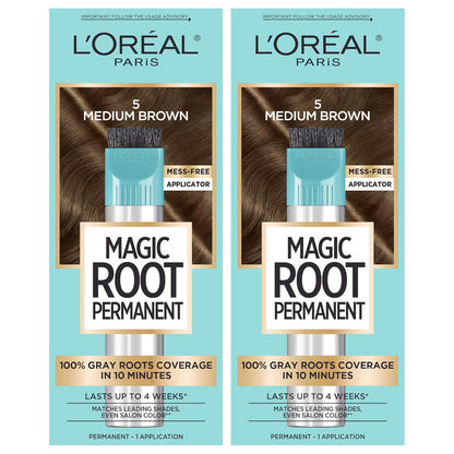 L'Oreal Paris Magic Root Permanent Hair Color Kit, 100% Gray Hair Coverage In Just 10 Minutes, Precision Brush Applicator for Seamless Application, 4 Dark Brown (2 Count)