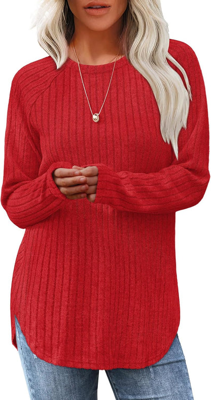 Saloogoe Long Sleeve Shirts for Women 2026 Fall Clothes Tunic Tops Loose Fit Dressy Crewneck Pullover Sweaters Curved Hem