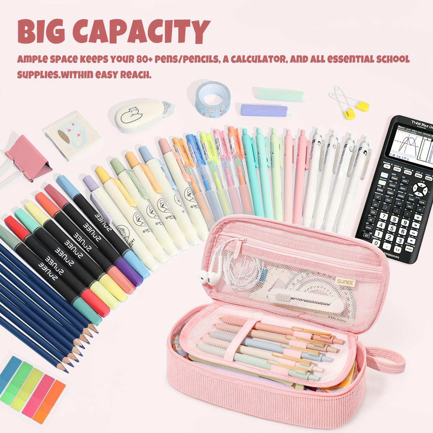 SUNEE Cute Pencil Case, Soft Corduroy Large Capacity Pencil Pouch, Aesthetic Zipper Pencil Bag, Big Storage Pen Organizer for Stationery, Pencil Box Back to School Supplies for Teen Girls Boys, Beige