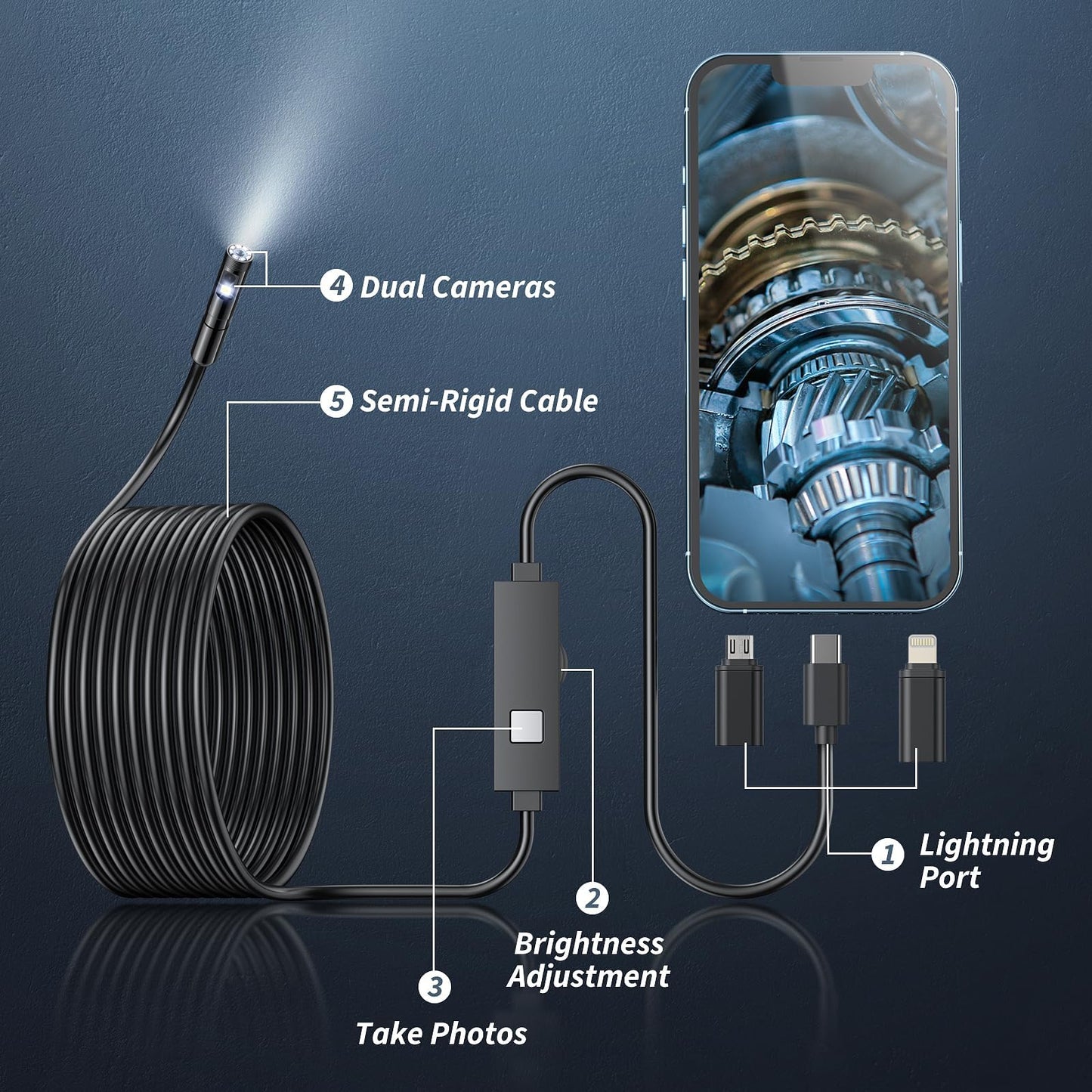 Kinpthy Endoscope Camera with Light,1920P HD Borescope Tools with 8 Adjustable LED Lights, Endoscope with Semi-Rigid Snake Camera, Inspection Borescope for iOS and Android-16.4ft Single Lens