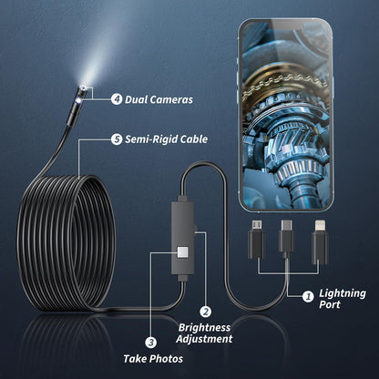 Kinpthy Endoscope Camera with Light,1920P HD Borescope Tools with 8 Adjustable LED Lights, Endoscope with Semi-Rigid Snake Camera, Inspection Borescope for iOS and Android-16.4ft Single Lens