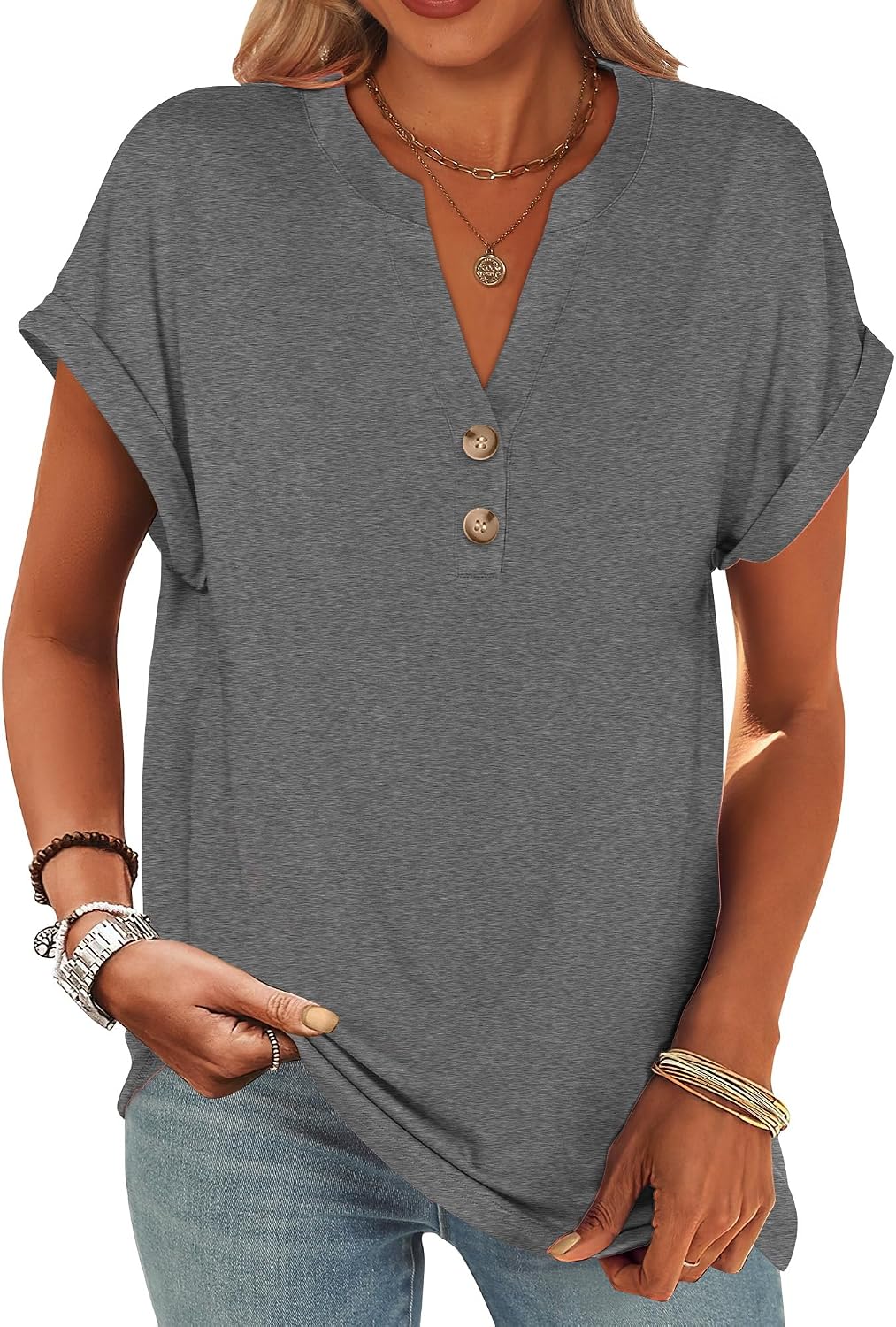 ANRABESS Womens Short Sleeve Henley Tops Summer Shirts Dressy Casual Blouse