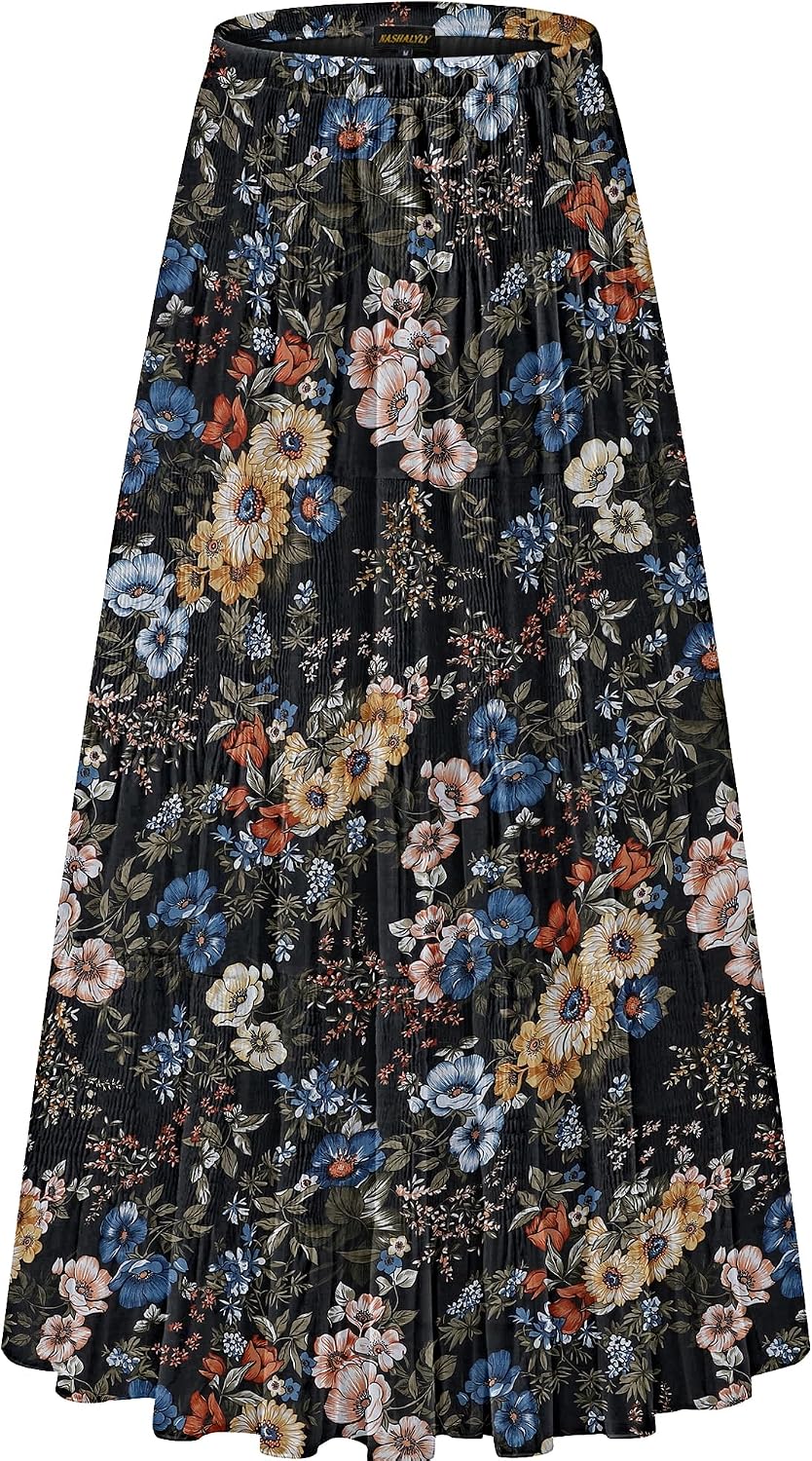 NASHALYLY Women's Chiffon Elastic High Waist Pleated A-Line Maxi Skirts