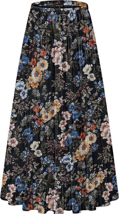 NASHALYLY Women's Chiffon Elastic High Waist Pleated A-Line Maxi Skirts