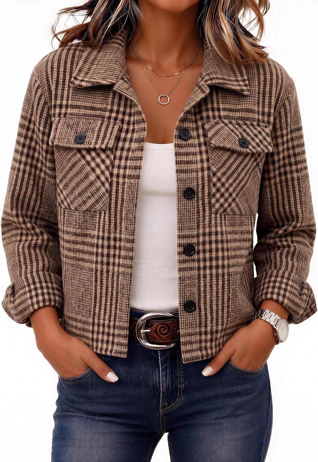 Zeagoo Flannels for Women Cropped Shacket Jacket Fashion Plaid Fall Coat