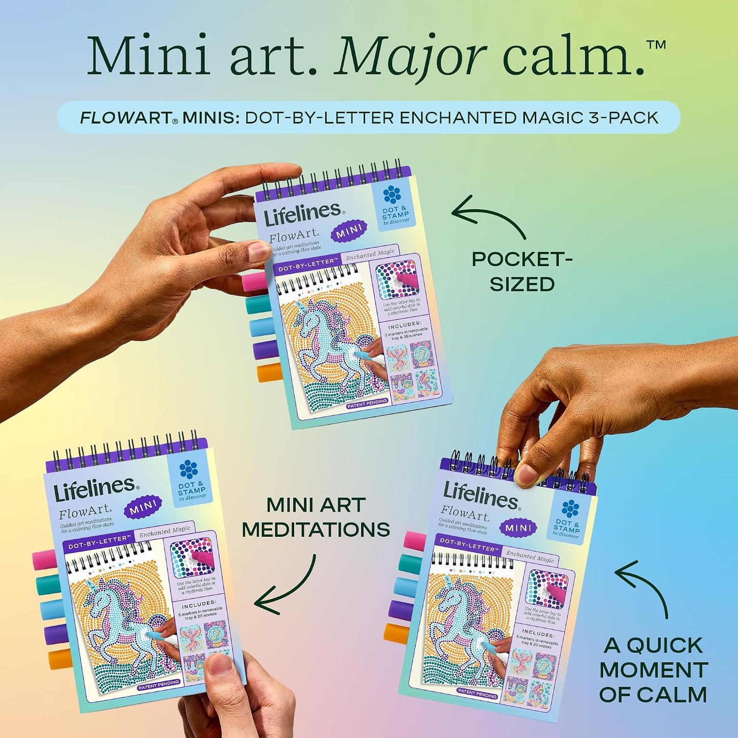Lifelines FlowArt Mini Activity Pads, 3-Pack, Dot-by-Letter Coloring Books