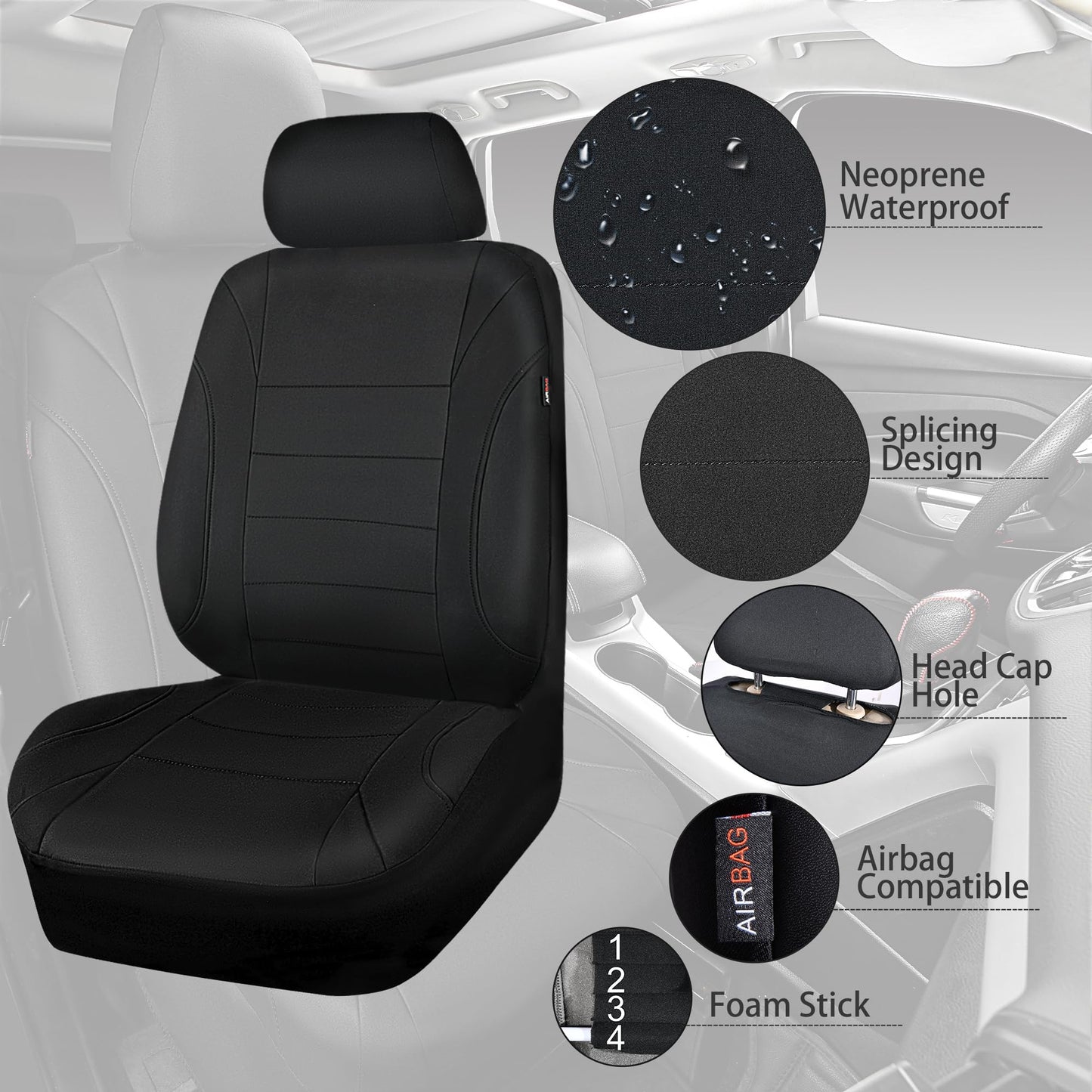 CAR PASS Waterproof Car Seat Covers Front Seats Only with 5mm Composite EVA, Neoprene Car Seat Cover with Separate Headrest Cover, Quick Setup Universal Fit for Car SUV Trucks,Airbag Compatible（Gray