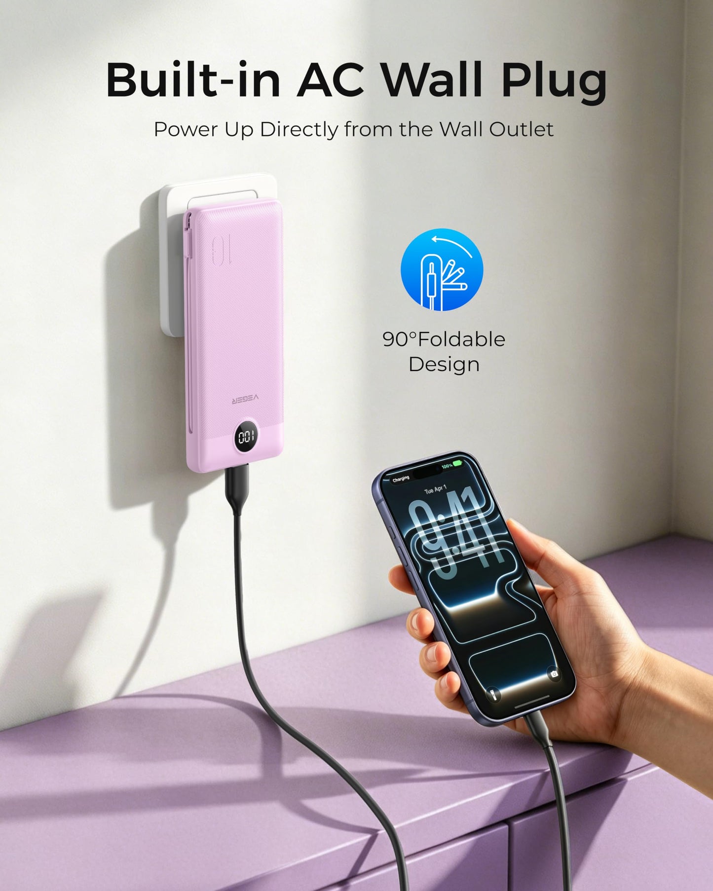 VEGER Portable Charger for iPhone, Power Bank Built in Cables and Wall Plug