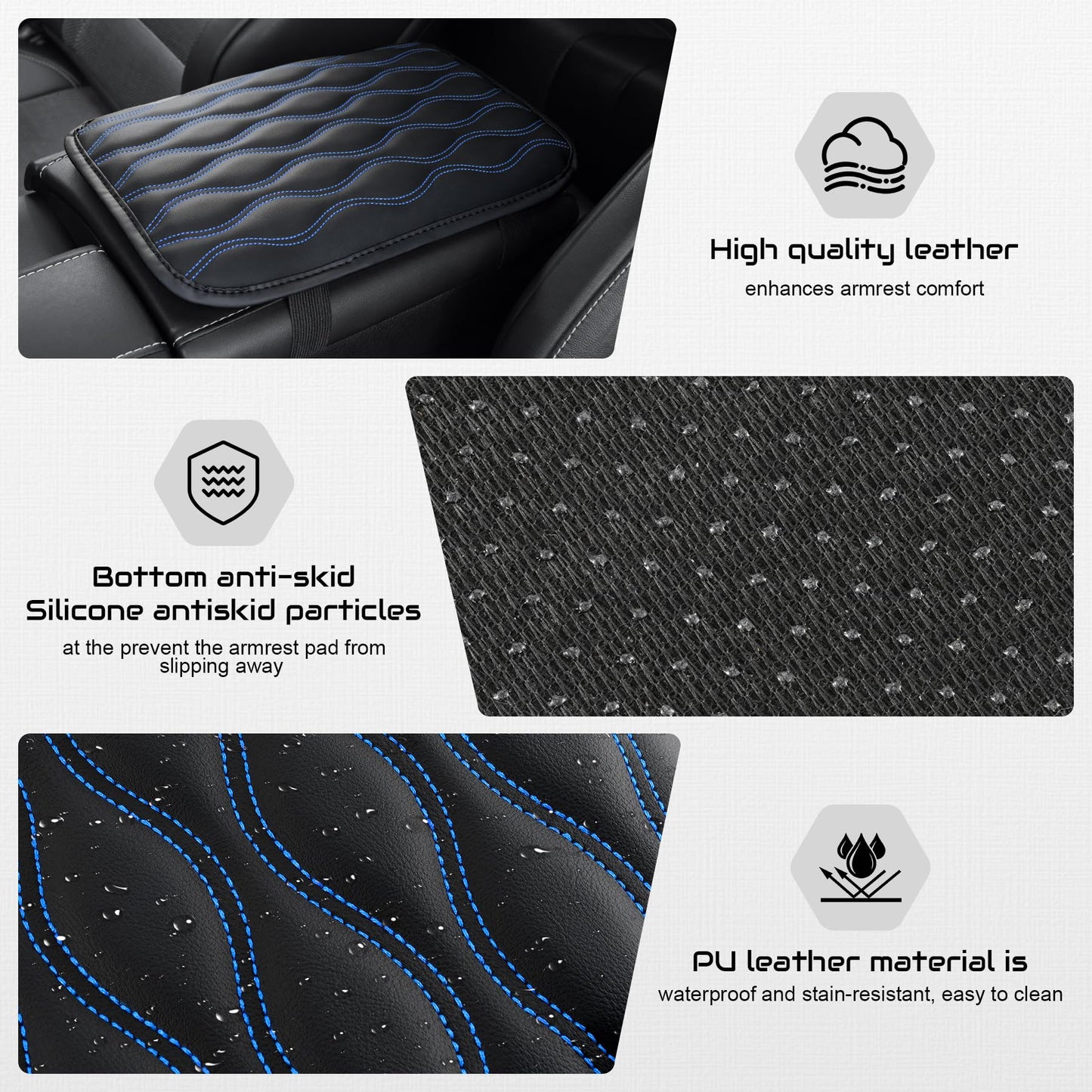 Amiss Car Center Console Cover, Upgraded Leather Car Armrest Cushion with 2 Storage Pockets, Universal Waterproof Cushion Pad, Non-Slip Car Interior Accessories, Fits Most Sedans SUVs Trucks (Black)