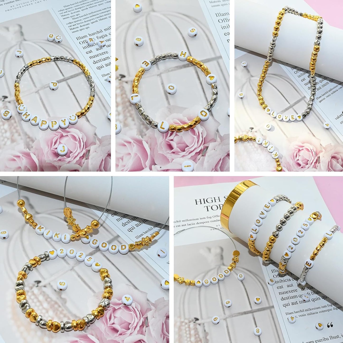 Looconi 810pcs Gold Letter Beads Square 6x6mm White Cube Acrylic Alphabet A-Z with Heart Pattern and Crystal Line for Jewelry Making