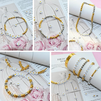 Looconi 810pcs Gold Letter Beads Square 6x6mm White Cube Acrylic Alphabet A-Z with Heart Pattern and Crystal Line for Jewelry Making