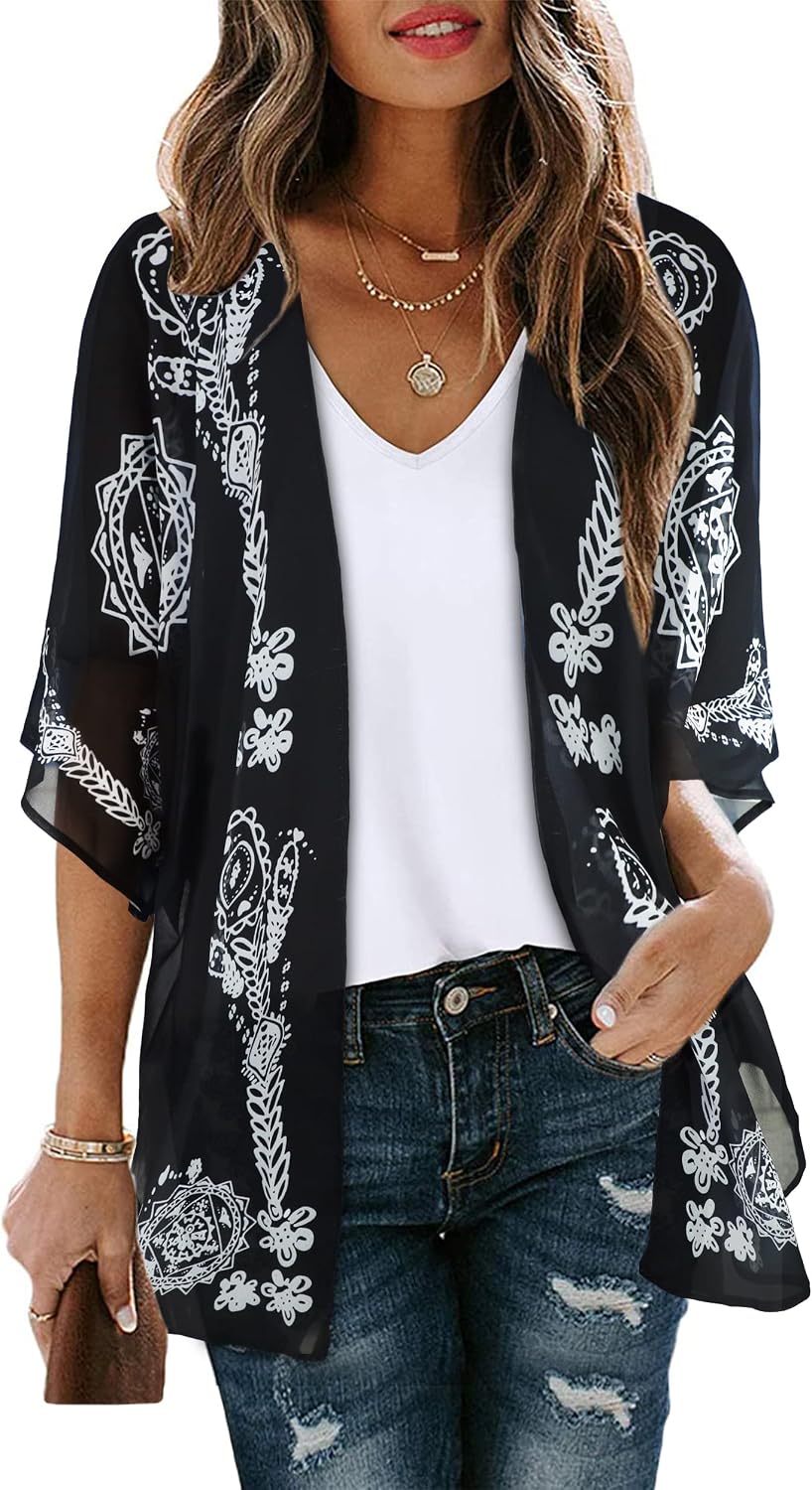 CHICGAL Womens Floral Kimono Cardigan Beach Cover Up Casual Summer Tops