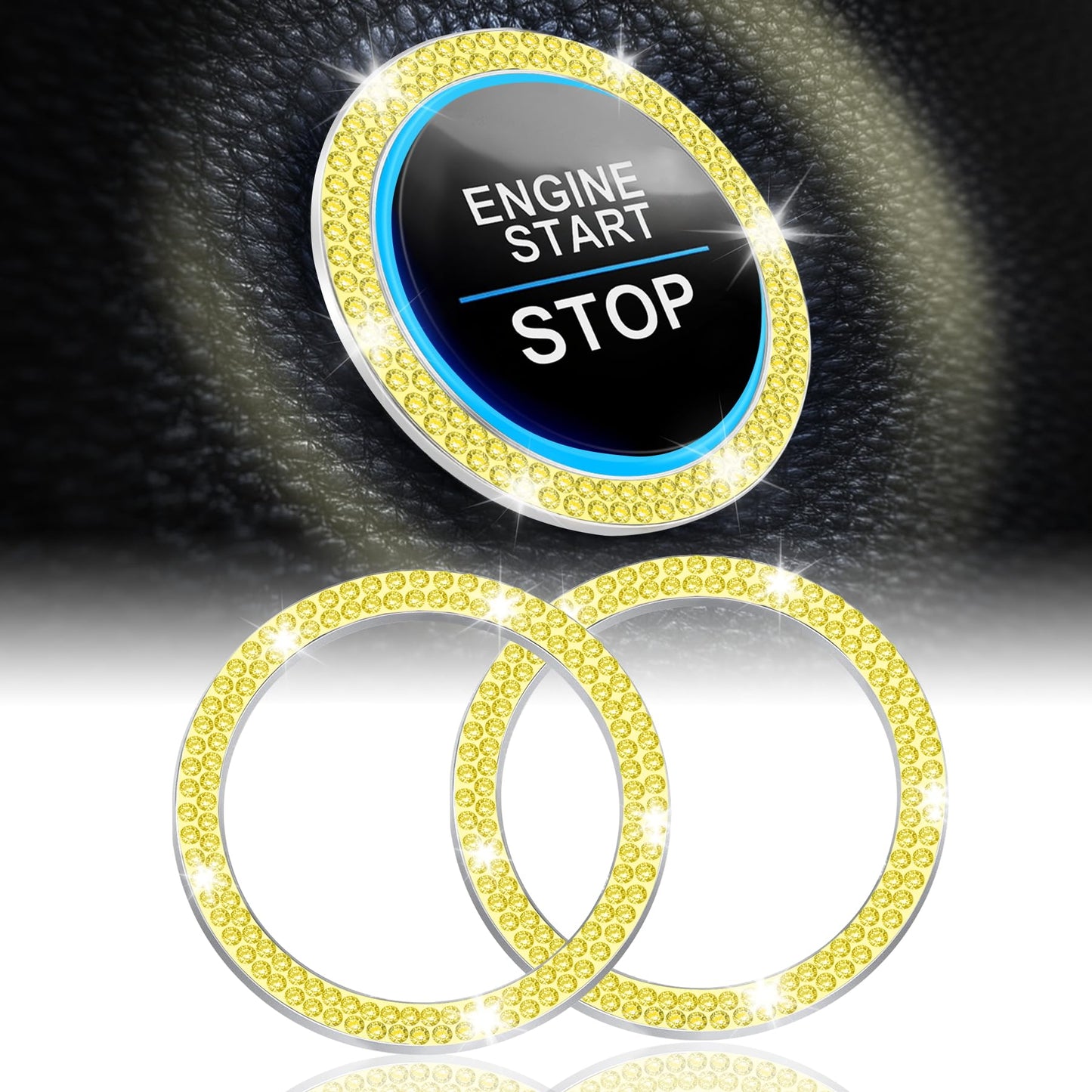 LivTee 2 PCS Crystal Double Rhinestone Car Engine Start Stop Decoration Ring, Bling Car Interior Accessories for Women, Push to Start Button Cover Sticker, Automotive Decals, Light Green