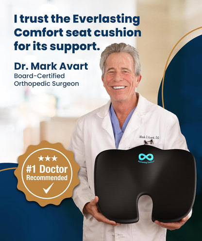 Everlasting Comfort Doctor Recommended Memory Foam Seat Cushion for Office Chairs & Car - Ergonomic Office Desk Accessories - Cushions for Tailbone Pain Relief, Sciatica (Black, Large)