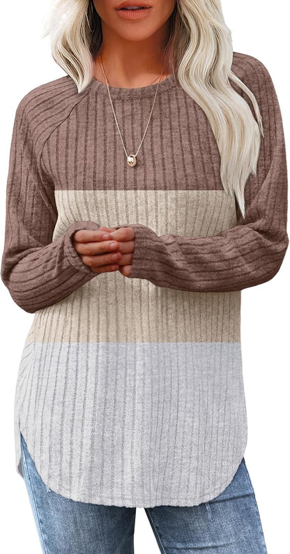 Saloogoe Long Sleeve Shirts for Women 2026 Fall Clothes Tunic Tops Loose Fit Dressy Crewneck Pullover Sweaters Curved Hem