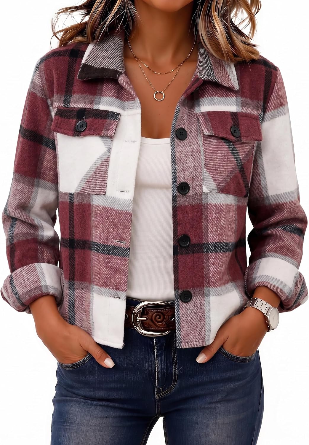 Zeagoo Flannels for Women Cropped Shacket Jacket Fashion Plaid Fall Coat