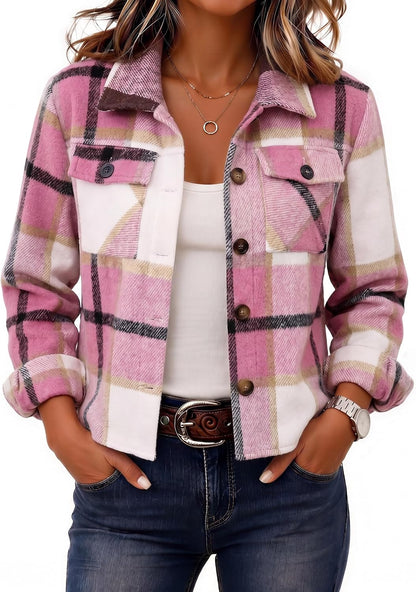 Zeagoo Flannels for Women Cropped Shacket Jacket Fashion Plaid Fall Coat