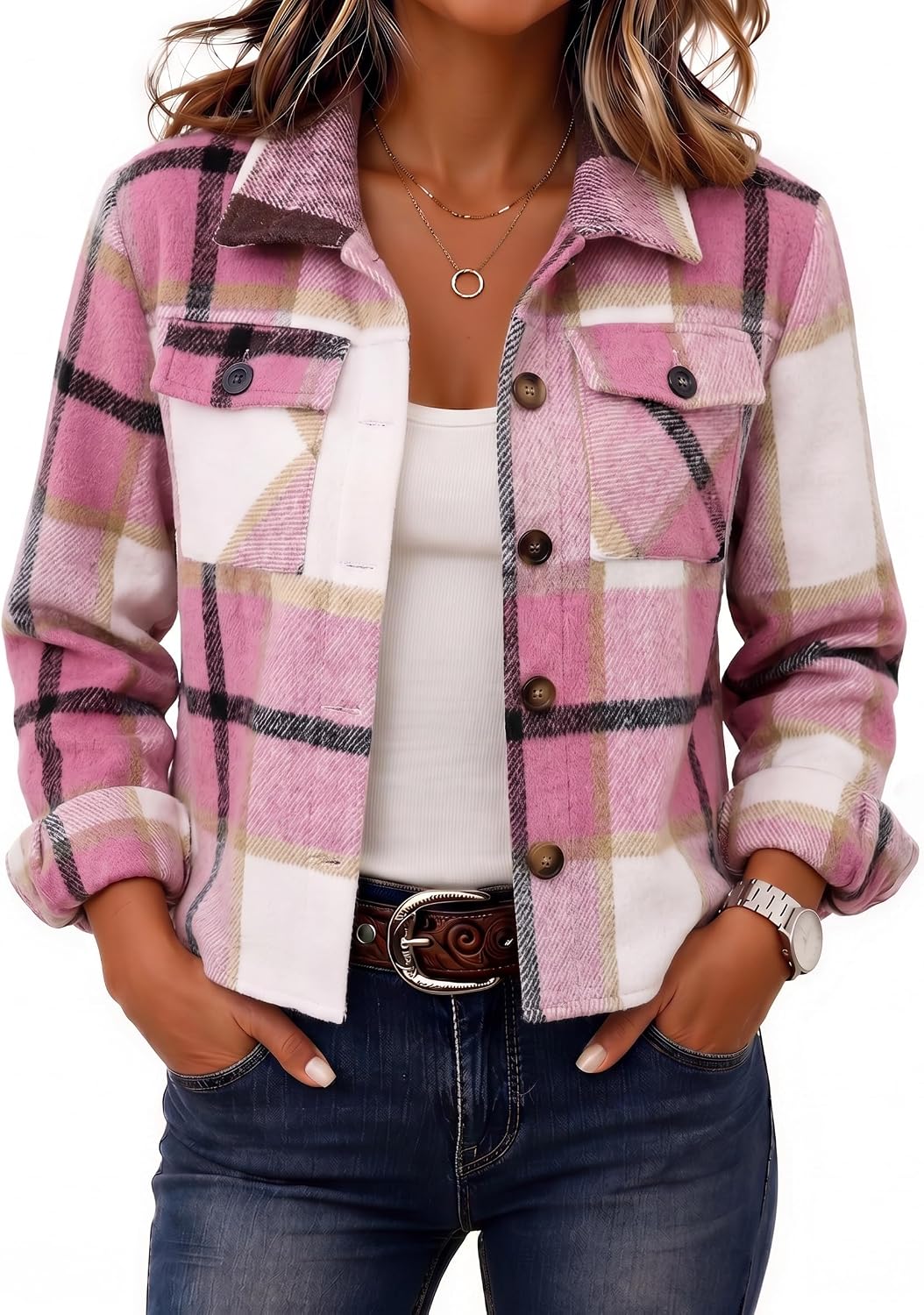 Zeagoo Flannels for Women Cropped Shacket Jacket Fashion Plaid Fall Coat