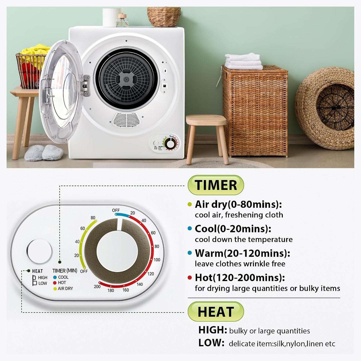 Euhomy Portable Clothes Dryer for Laundry, 1.5 Cu. Ft. Small Portable Dryers for Clothes, 120V Electric Dryer with Stainless Steel Drum, 850W Dryer Machine for Apartments, White