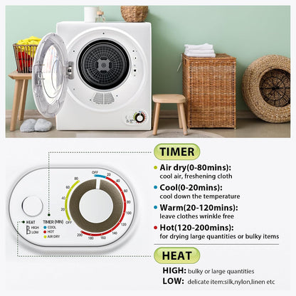 Euhomy Portable Clothes Dryer for Laundry, 1.5 Cu. Ft. Small Portable Dryers for Clothes, 120V Electric Dryer with Stainless Steel Drum, 850W Dryer Machine for Apartments, White