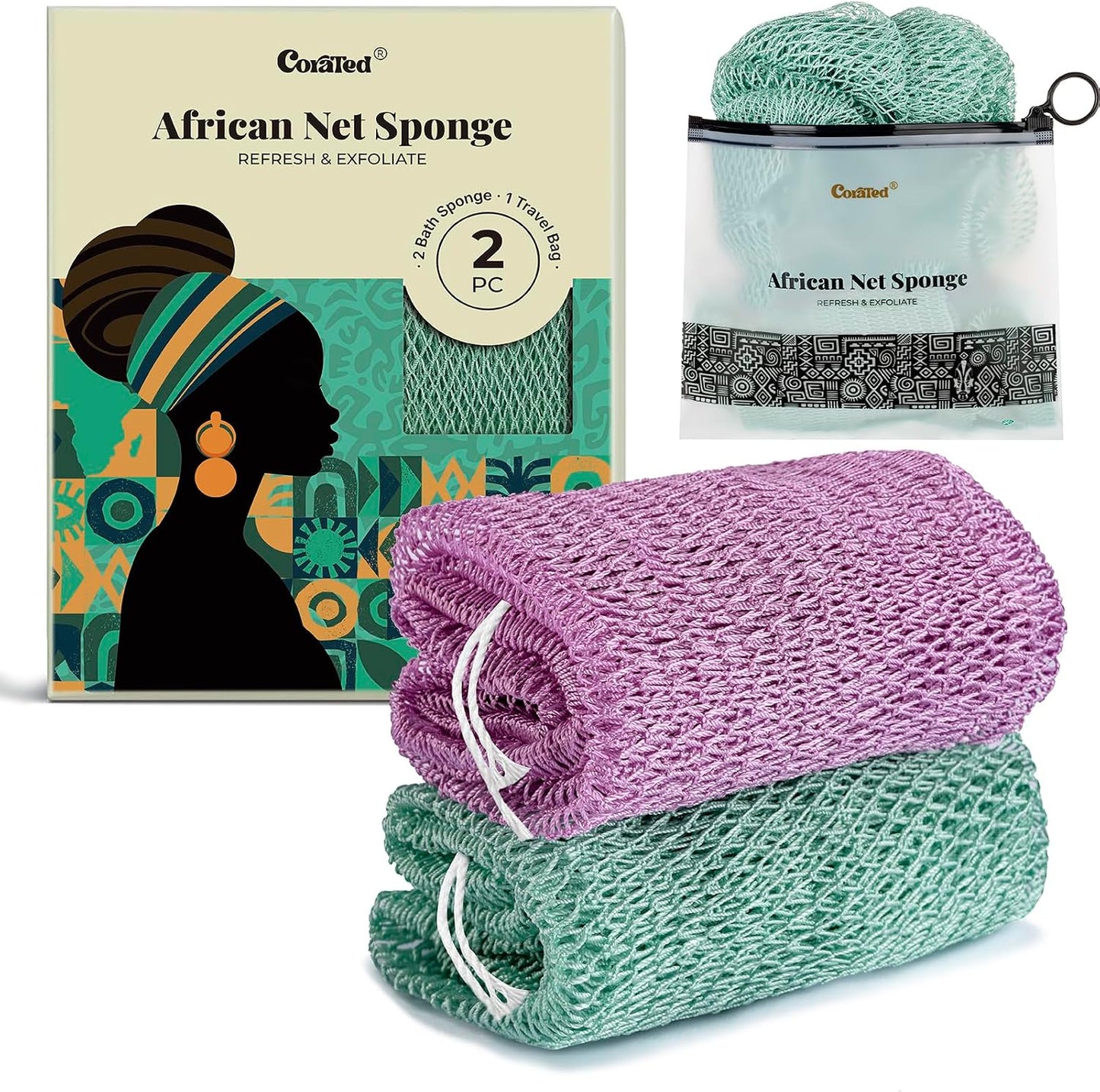 CORATED African Net Sponge with Knots Authentic, Shower Loofah Bath Sponge