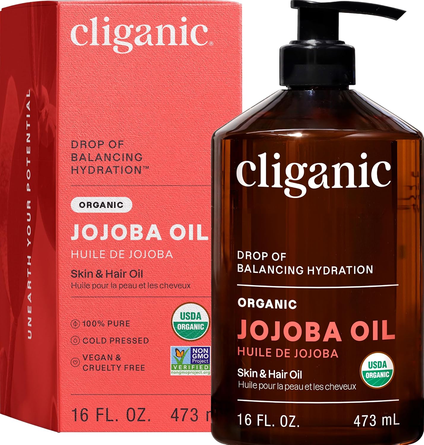 Cliganic Organic Jojoba Oil, 100% Pure Cold Pressed for Face & Hair, 4oz