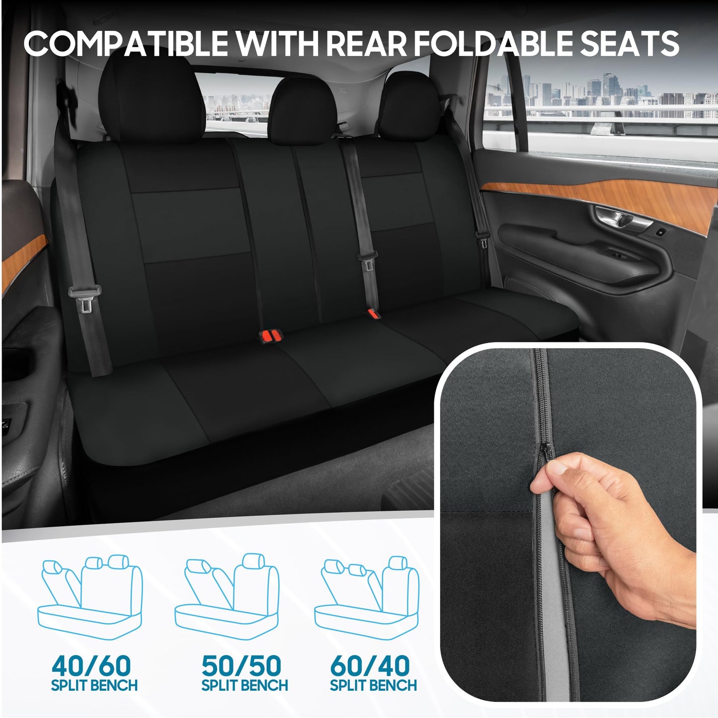 BDK PolyPro Car Seat Covers Full Set in Solid Black, Front and Rear Split Bench Seat Covers for Cars, Easy to Install Car Seats Cover Set and Accessories for Auto Trucks Van SUV - Solid Black