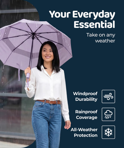 Windproof Travel Umbrella - Compact & Withstands Winds up to 100MPH, Strongest Premium Auto Folding Umbrella for Rain and Sun - Durable, Light & Portable for Women & Men, Fits Backpack & Cars
