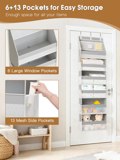 Criusia Over the Door Organizer, Heavy-Duty 6-Shelf Hanging Storage with 13 Mesh Pockets, 55lbs Capacity Behind the Door Storage for Nursery, Bathroom, Bedroom, and Dorm, White